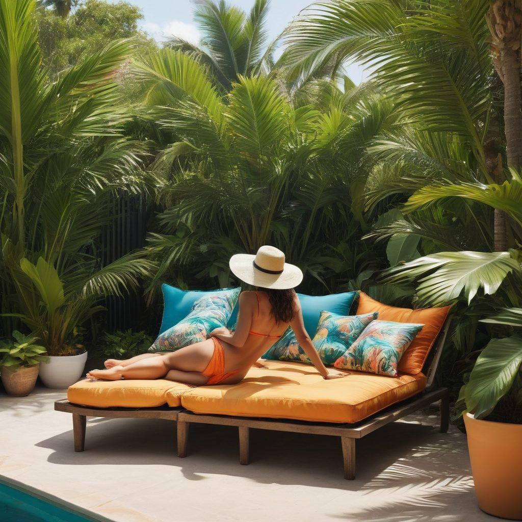 A vibrant beach scene featuring a stylishly dressed person wearing a trendy three-piece swimsuit, lounging on a chic outdoor space with colorful cushions and tropical plants. Include hints of adventure with a surfboard and a sun hat nearby. The setting should convey summer joy and relaxation, highlighting the transformation from simple thongs to fashionable swimwear. tropical summer vibe. super-realistic. vibrant colors.