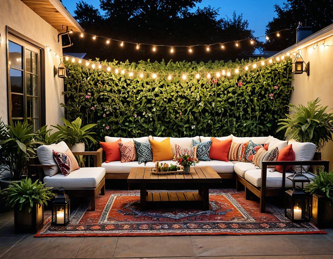 A beautifully arranged outdoor space featuring a variety of chic furniture styles, such as a modern lounge set, a classic wooden dining table, and vibrant decorative cushions. Surrounding plants with colorful flowers add a touch of nature, while elegant fairy lights hang above. Showcase different decor items like lanterns and outdoor rugs to reflect diverse styling options. The atmosphere should feel inviting and stylish, perfect for relaxation and gatherings. vibrant colors. super-realistic. natural lighting.