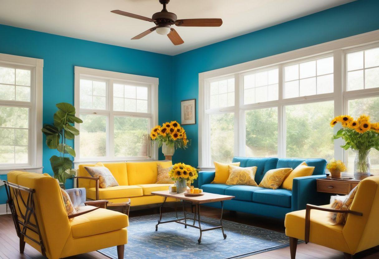 A summer scene featuring various fan styles, including vintage ceiling fans, portable tabletop fans, and stylish wall-mounted fans, surrounded by bright sunflowers and shades of blue sky. Include a cozy room with open windows allowing a light breeze to flow through, and people relaxing in cool, breezy outfits. The ambiance should evoke a refreshing summer vibe. super-realistic. vibrant colors. sunny atmosphere.